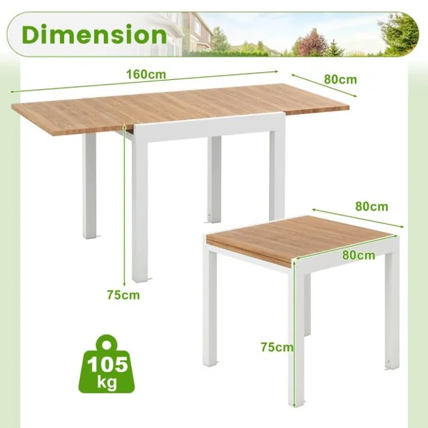 Table de Jardin Extensible en Aluminium Ajustable de 80 à 160 CM Table à Manger Rectangulaire pour 4-6 Personnes Blanc+Naturel