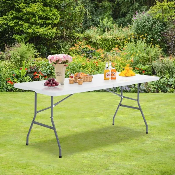 Table de Jardin Pliable 180 x 73 x 73 cm en PEHD et Acier avec Poignée de Transport pour Pique-Nique Camping Barbecue Blanc
