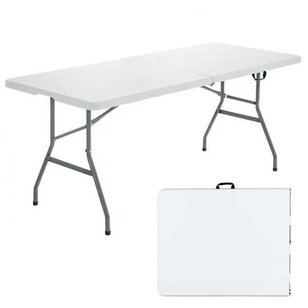 Table de Jardin Pliable 180 x 73 x 73 cm en PEHD et Acier avec Poignée de Transport pour Pique-Nique Camping Barbecue Blanc
