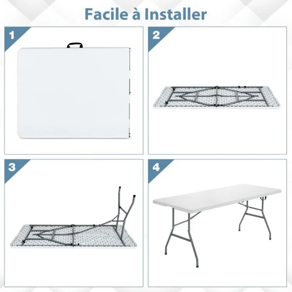 Table de Jardin Pliable 180 x 73 x 73 cm en PEHD et Acier avec Poignée de Transport pour Pique-Nique Camping Barbecue Blanc