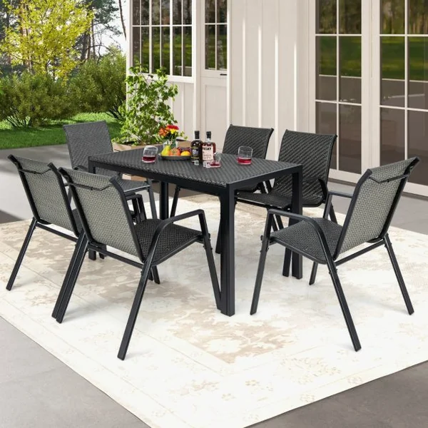 Table de Jardin Rectangulaire de 200 CM pour 6 Personnes Table en Rotin Cadre en Métal Robuste Table à Manger Marron