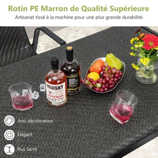 Table de Jardin Rectangulaire de 200 CM pour 6 Personnes Table en Rotin Cadre en Métal Robuste Table à Manger Marron