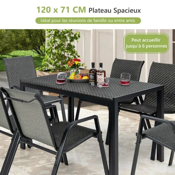 Table de Jardin Rectangulaire de 200 CM pour 6 Personnes Table en Rotin Cadre en Métal Robuste Table à Manger Marron
