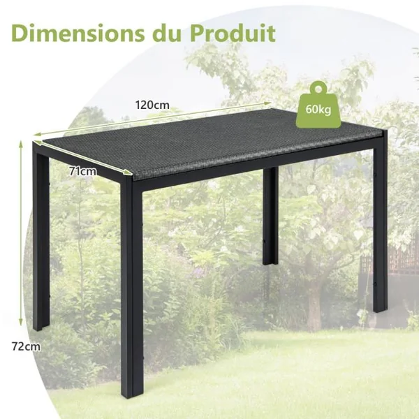 Table de Jardin Rectangulaire de 200 CM pour 6 Personnes Table en Rotin Cadre en Métal Robuste Table à Manger Marron