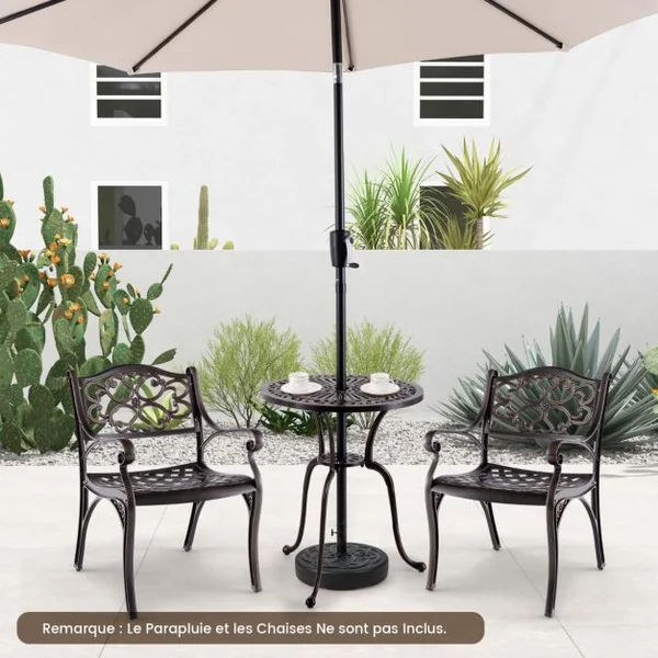 Table de Jardin Ronde 61 CM en Fonte d'Aluminium Table d'Appoint d’Extérieur avec Trou pour Parasol Repose-pieds Réglables Cuivre Rouge
