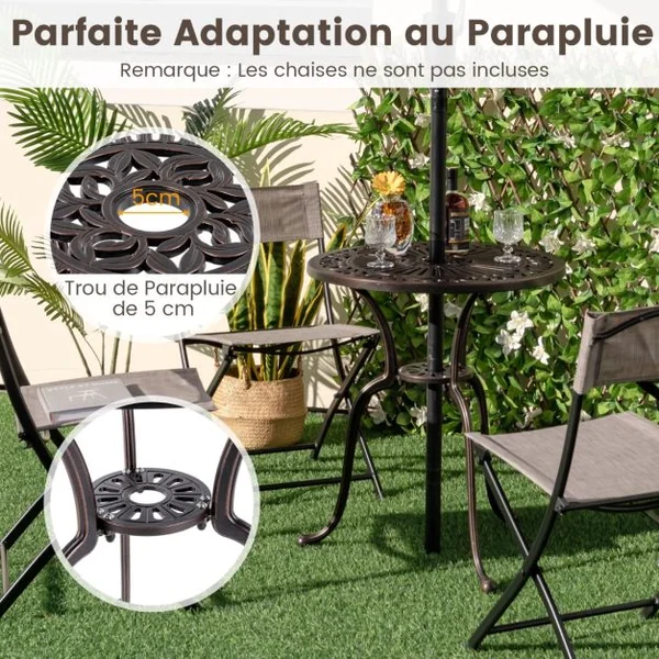 Table de Jardin Ronde 61 CM en Fonte d'Aluminium Table d'Appoint d’Extérieur avec Trou pour Parasol Repose-pieds Réglables Cuivre Rouge