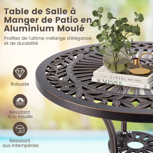 Table de Jardin Ronde 61 CM en Fonte d'Aluminium Table d'Appoint d’Extérieur avec Trou pour Parasol Repose-pieds Réglables Cuivre Rouge