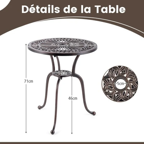 Table de Jardin Ronde 61 CM en Fonte d'Aluminium Table d'Appoint d’Extérieur avec Trou pour Parasol Repose-pieds Réglables Cuivre Rouge
