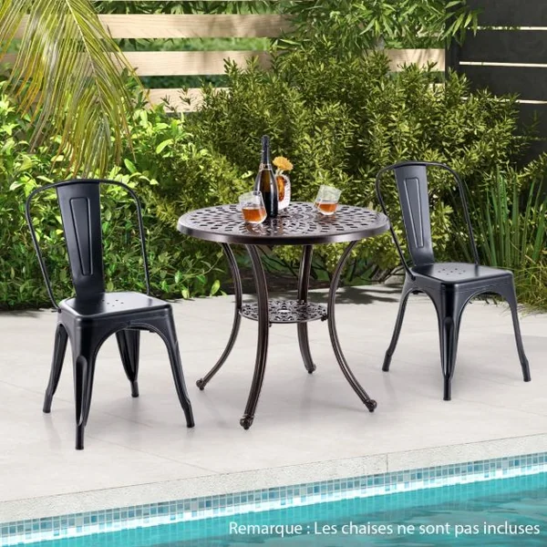 Table de Jardin Ronde 79 CM en Fonte d'Aluminium Table d'Appoint d’Extérieur avec Trou pour Parasol Repose-pieds Réglables Cuivre Rouge