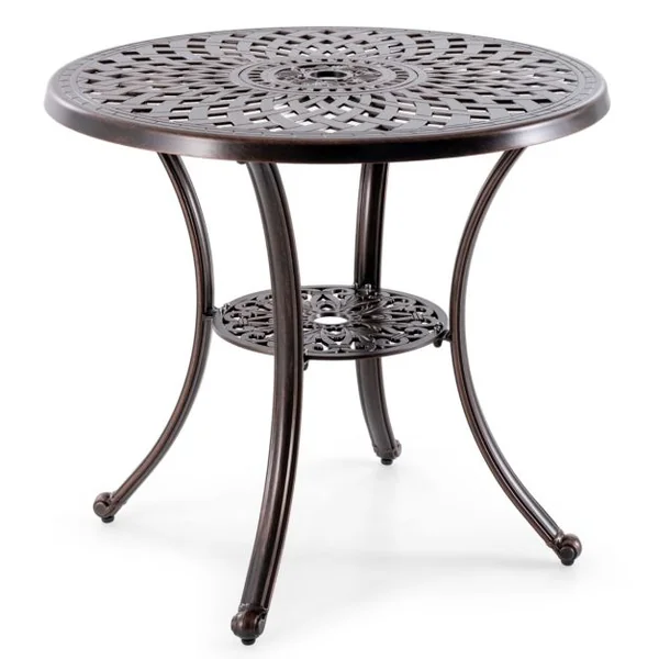 Table de Jardin Ronde 79 CM en Fonte d'Aluminium Table d'Appoint d’Extérieur avec Trou pour Parasol Repose-pieds Réglables Cuivre Rouge