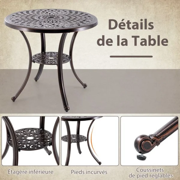 Table de Jardin Ronde 79 CM en Fonte d'Aluminium Table d'Appoint d’Extérieur avec Trou pour Parasol Repose-pieds Réglables Cuivre Rouge