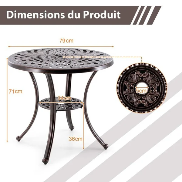Table de Jardin Ronde 79 CM en Fonte d'Aluminium Table d'Appoint d’Extérieur avec Trou pour Parasol Repose-pieds Réglables Cuivre Rouge