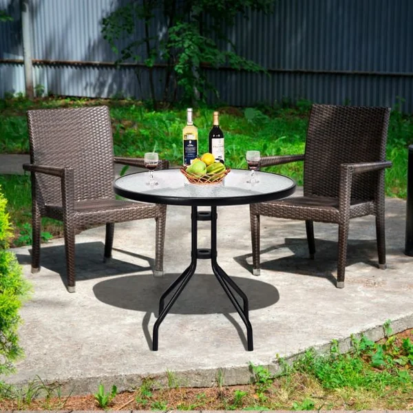 Table de Jardin Ronde en Verre Trempé 70 CM Cadre en Métal Trou pour Parasol Patins Antidérapants Piscine Balcon Cour