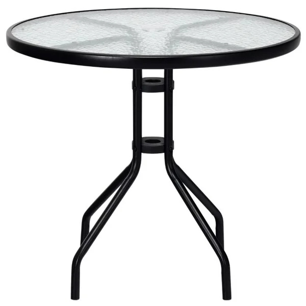 Table de Jardin Ronde en Verre Trempé 70 CM Cadre en Métal Trou pour Parasol Patins Antidérapants Piscine Balcon Cour