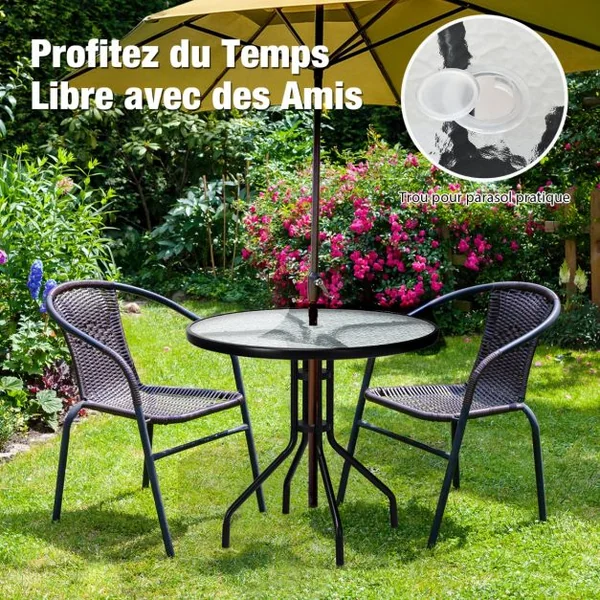 Table de Jardin Ronde en Verre Trempé 70 CM Cadre en Métal Trou pour Parasol Patins Antidérapants Piscine Balcon Cour