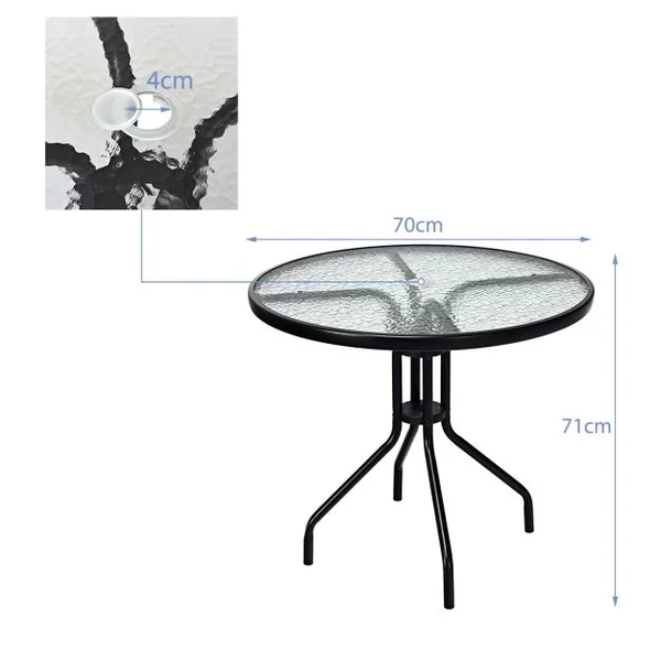 Table de Jardin Ronde en Verre Trempé 70 CM Cadre en Métal Trou pour Parasol Patins Antidérapants Piscine Balcon Cour