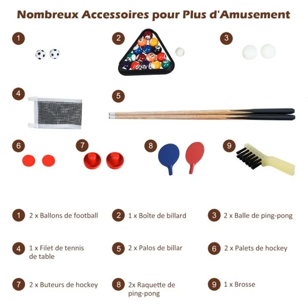 Table de Jeu Combo 4 en 1 Table de Baby-Foot Billard Ping-Pong Hockey Accessoires Complets Table de Jeux Multiples pour Enfants et Adultes