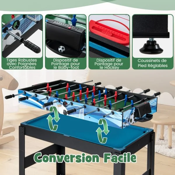 Table de Jeux 15 en 1 Combinée Kit Combiné de Basket et de Baby-foot Hockey Billard Ping-pong Bowling Jeu de Palets Échecs Dames
