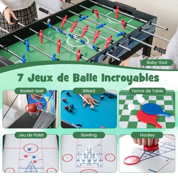 Table de Jeux 15 en 1 Combinée Kit Combiné de Basket et de Baby-foot Hockey Billard Ping-pong Bowling Jeu de Palets Échecs Dames