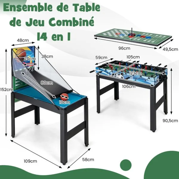 Table de Jeux 15 en 1 Combinée Kit Combiné de Basket et de Baby-foot Hockey Billard Ping-pong Bowling Jeu de Palets Échecs Dames