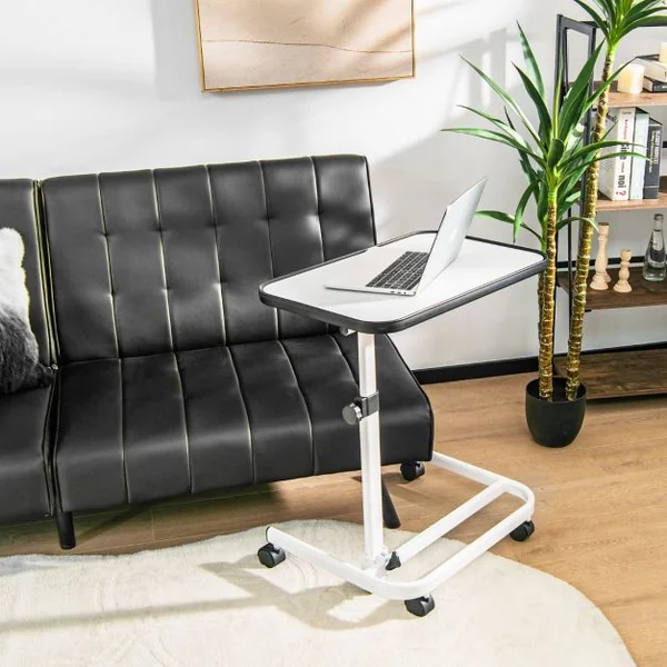 Table de Lit à Roulettes Verrouillables Plateau Inclinable 180° Support Stand Ordinateur Tablette Réglable en Hauteur Naturel/Blanc