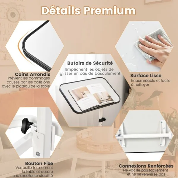 Table de Lit à Roulettes Verrouillables Plateau Inclinable 180° Support Stand Ordinateur Tablette Réglable en Hauteur Naturel/Blanc