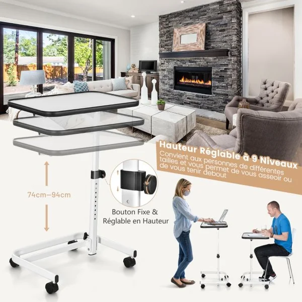 Table de Lit à Roulettes Verrouillables Plateau Inclinable 180° Support Stand Ordinateur Tablette Réglable en Hauteur Naturel/Blanc