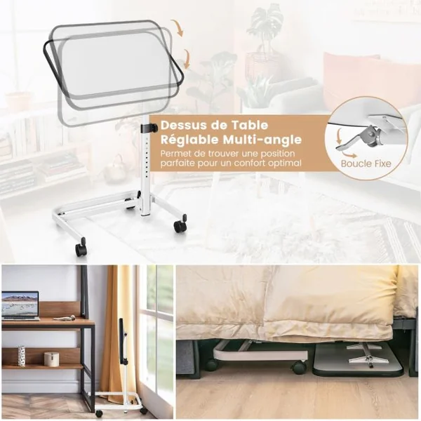Table de Lit à Roulettes Verrouillables Plateau Inclinable 180° Support Stand Ordinateur Tablette Réglable en Hauteur Naturel/Blanc