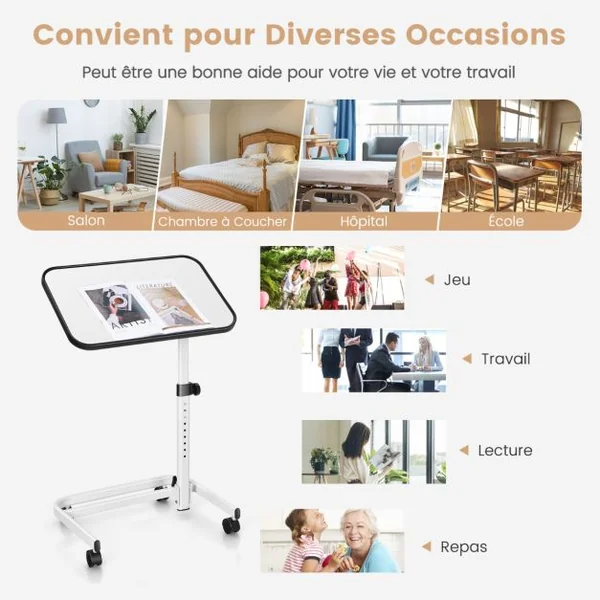 Table de Lit à Roulettes Verrouillables Plateau Inclinable 180° Support Stand Ordinateur Tablette Réglable en Hauteur Naturel/Blanc