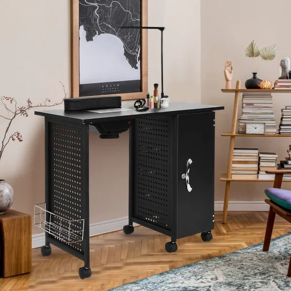 Table de Manucure Professionnelle avec 5 Tiroirs Amovibles 6 Roues Bureau d’Esthéticienne Ongles Ventilée avec Lampe Casier Réglable Station de Travail 90 x 43 x 74 cm Noir
