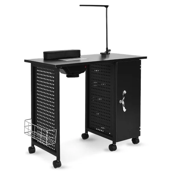 Table de Manucure Professionnelle avec 5 Tiroirs Amovibles 6 Roues Bureau d’Esthéticienne Ongles Ventilée avec Lampe Casier Réglable Station de Travail 90 x 43 x 74 cm Noir