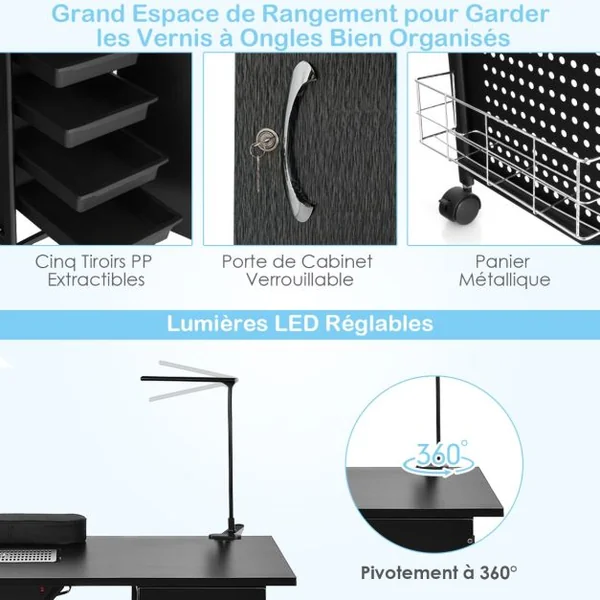Table de Manucure Professionnelle avec 5 Tiroirs Amovibles 6 Roues Bureau d’Esthéticienne Ongles Ventilée avec Lampe Casier Réglable Station de Travail 90 x 43 x 74 cm Noir