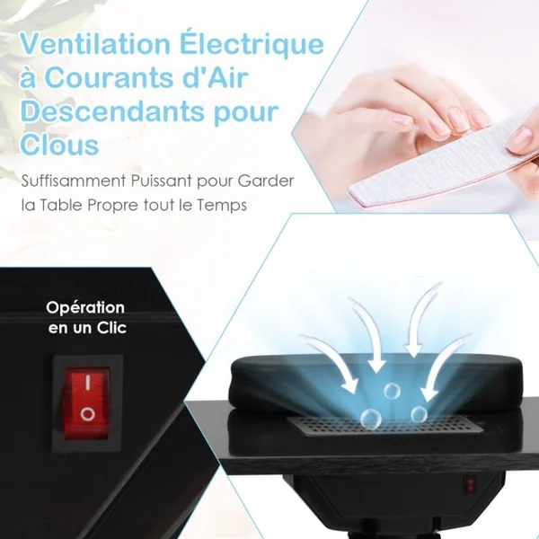 Table de Manucure Professionnelle avec 5 Tiroirs Amovibles 6 Roues Bureau d’Esthéticienne Ongles Ventilée avec Lampe Casier Réglable Station de Travail 90 x 43 x 74 cm Noir
