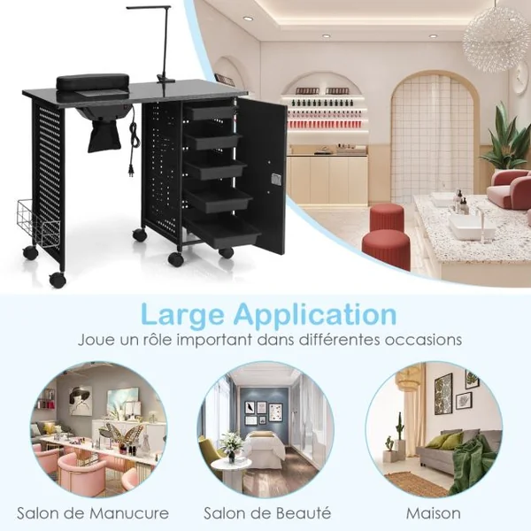 Table de Manucure Professionnelle avec 5 Tiroirs Amovibles 6 Roues Bureau d’Esthéticienne Ongles Ventilée avec Lampe Casier Réglable Station de Travail 90 x 43 x 74 cm Noir