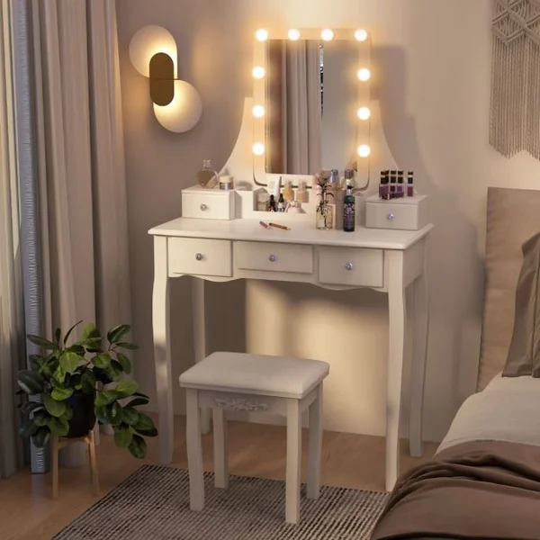 Table de Maquillage avec Miroir Éclairé Coiffeuse avec Lumières 3 Modes de Couleur Luminosité Réglable 5 Tiroirs et Tabouret Doux Blanc