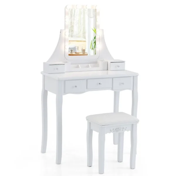 Table de Maquillage avec Miroir Éclairé Coiffeuse avec Lumières 3 Modes de Couleur Luminosité Réglable 5 Tiroirs et Tabouret Doux Blanc