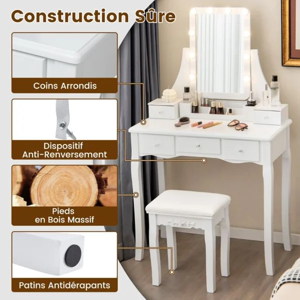 Table de Maquillage avec Miroir Éclairé Coiffeuse avec Lumières 3 Modes de Couleur Luminosité Réglable 5 Tiroirs et Tabouret Doux Blanc