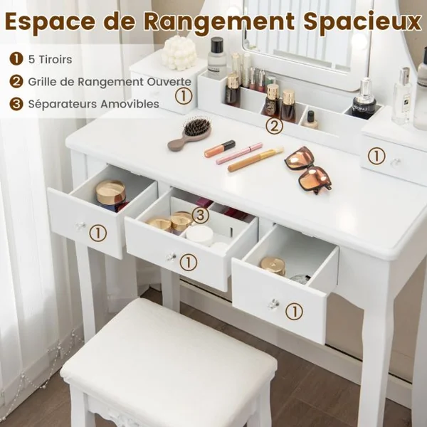 Table de Maquillage avec Miroir Éclairé Coiffeuse avec Lumières 3 Modes de Couleur Luminosité Réglable 5 Tiroirs et Tabouret Doux Blanc