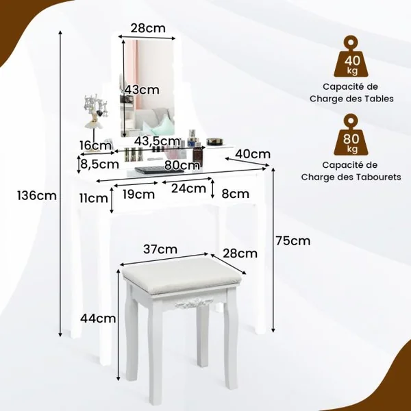 Table de Maquillage avec Miroir Éclairé Coiffeuse avec Lumières 3 Modes de Couleur Luminosité Réglable 5 Tiroirs et Tabouret Doux Blanc