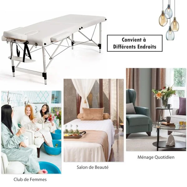 Table de Massage Portative Pliante de 184 CM Lit de Spa de Salon en Aluminium Réglable Blanc