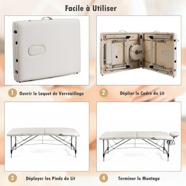 Table de Massage Portative Pliante de 184 CM Lit de Spa de Salon en Aluminium Réglable Blanc