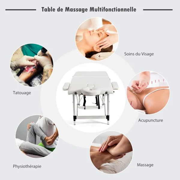 Table de Massage Portative Pliante de 184 CM Lit de Spa de Salon en Aluminium Réglable Blanc