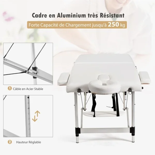 Table de Massage Portative Pliante de 184 CM Lit de Spa de Salon en Aluminium Réglable Blanc