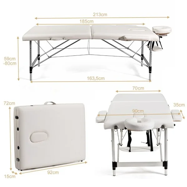Table de Massage Portative Pliante de 184 CM Lit de Spa de Salon en Aluminium Réglable Blanc