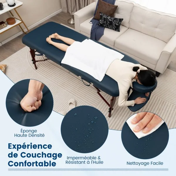 Table de Massage à 2 Plis Lit de Spa Portable Table de Spa Pliable avec Étui de Transport Bleu Marine