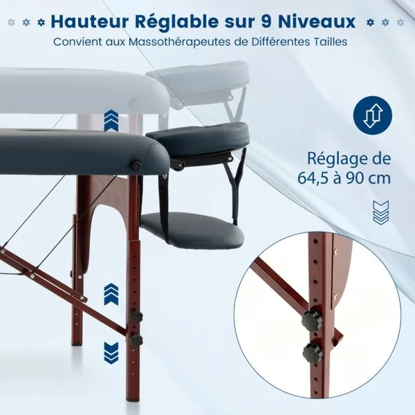 Table de Massage à 2 Plis Lit de Spa Portable Table de Spa Pliable avec Étui de Transport Bleu Marine