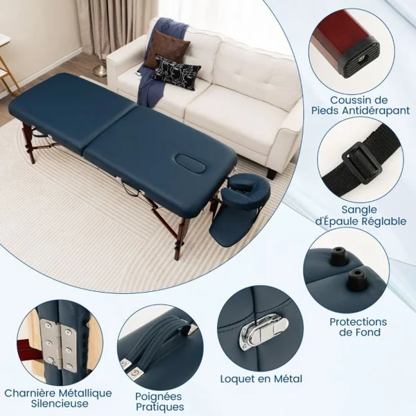 Table de Massage à 2 Plis Lit de Spa Portable Table de Spa Pliable avec Étui de Transport Bleu Marine