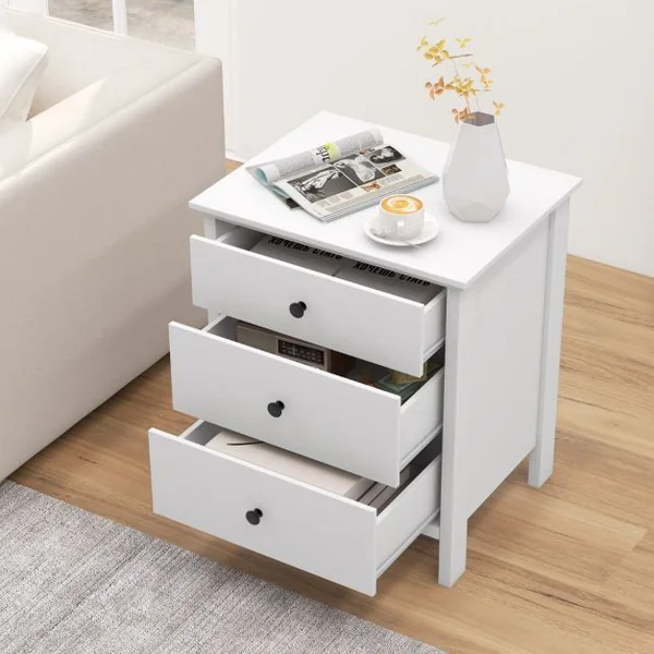 Table de Nuit avec 3 Tiroirs Coffre de Rangement pour Canapé Table en Bois pour Téléphone et Café Meuble Multifonction à 3 Étagères Blanc