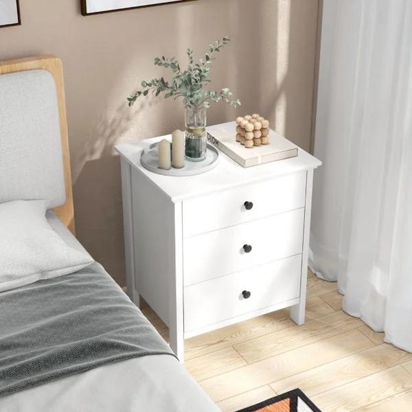 Table de Nuit avec 3 Tiroirs Coffre de Rangement pour Canapé Table en Bois pour Téléphone et Café Meuble Multifonction à 3 Étagères Blanc