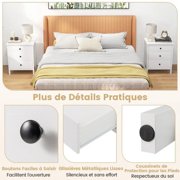 Table de Nuit avec 3 Tiroirs Coffre de Rangement pour Canapé Table en Bois pour Téléphone et Café Meuble Multifonction à 3 Étagères Blanc